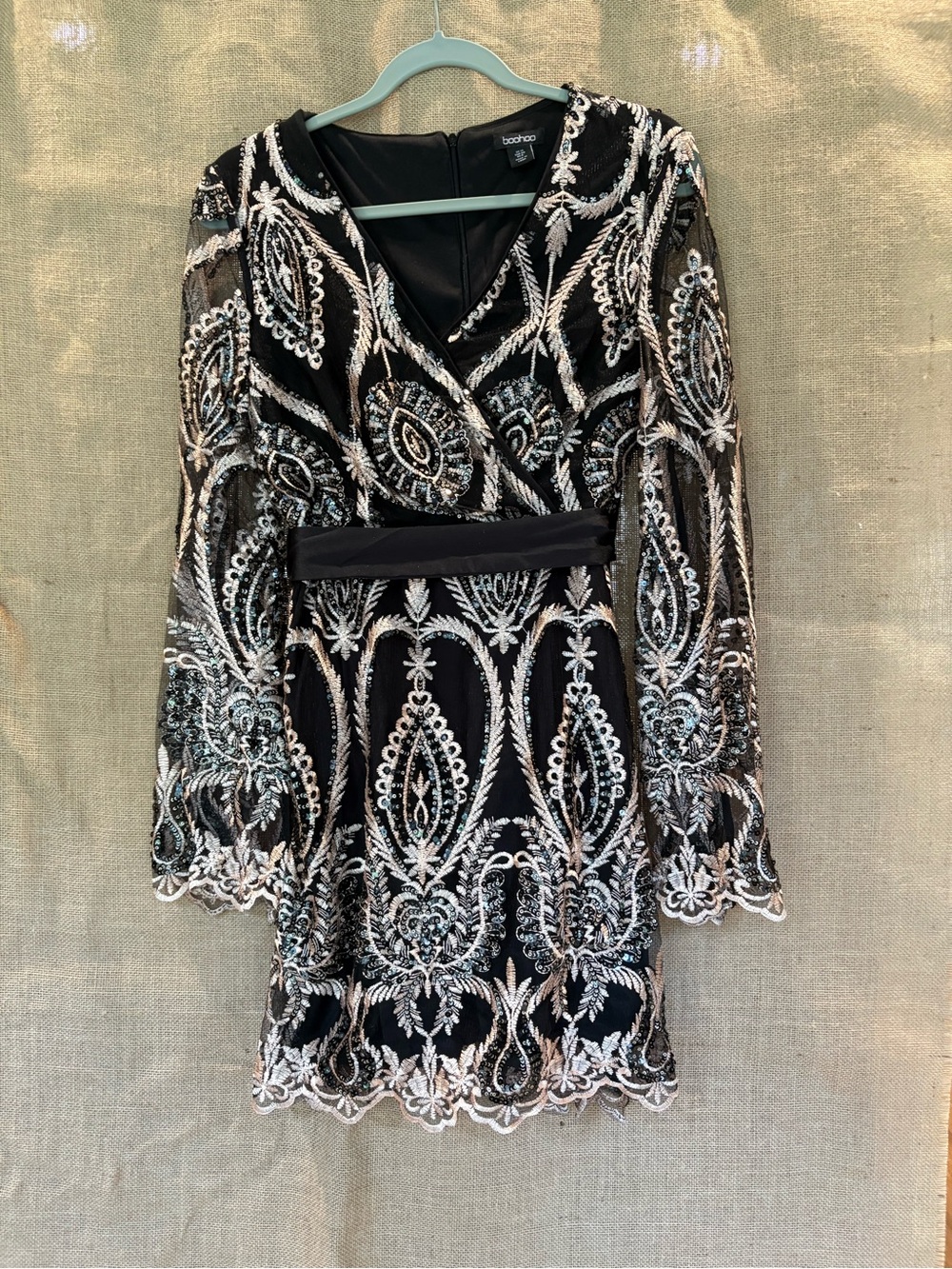 Boohoo Black Long-Sleeve Embroidered Mini Dress with Silver Accents